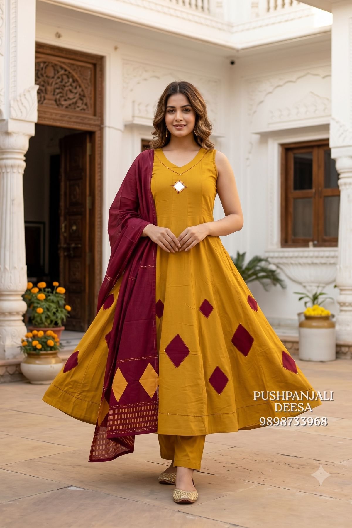 Mustard Yellow Cotton Anarkali Suit Set with Maroon Dupatta