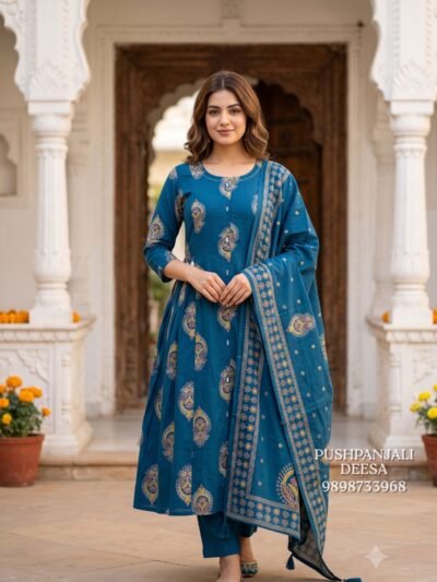 Teal Blue Printed Kurta Pant Set with Dupatta