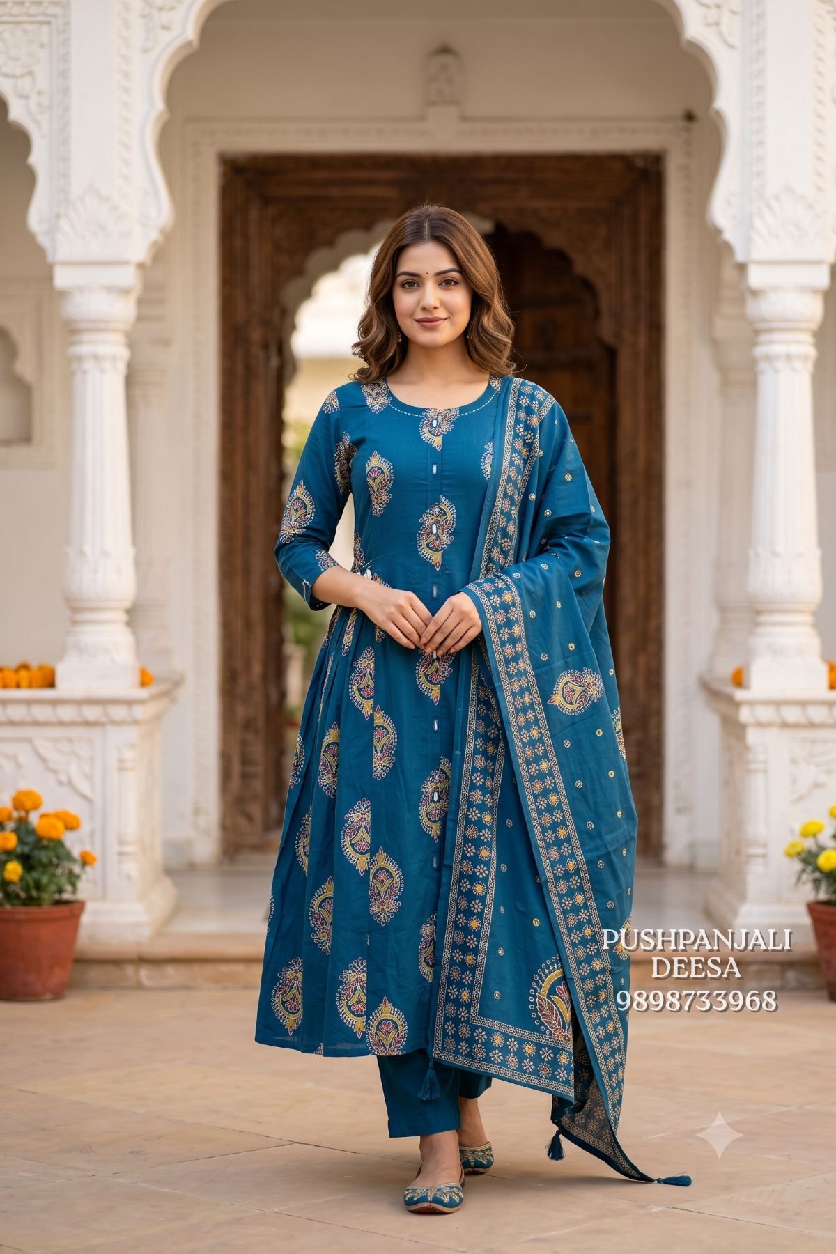 Teal Blue Printed Kurta Pant Set with Dupatta