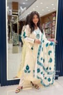 Cream & Teal Embroidered Kurta Pant Set with Dupatta