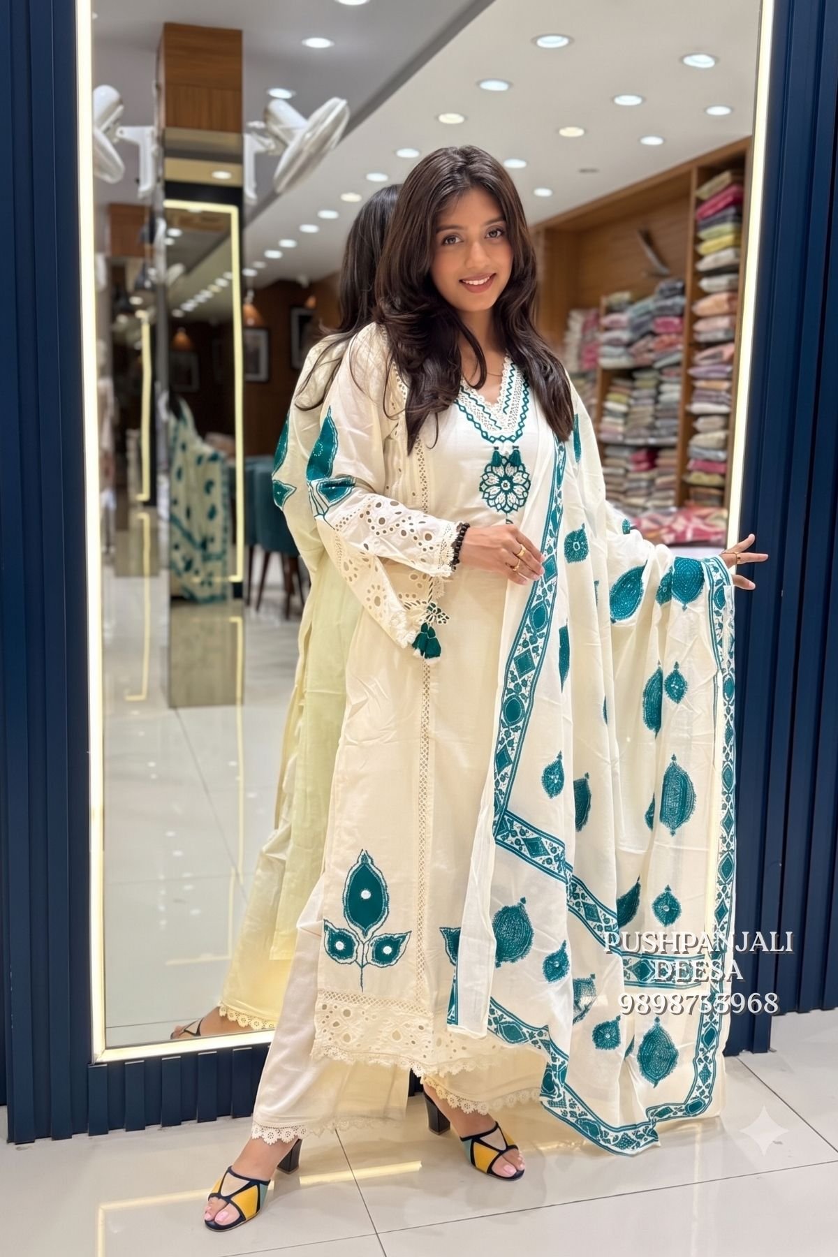Cream & Teal Embroidered Kurta Pant Set with Dupatta