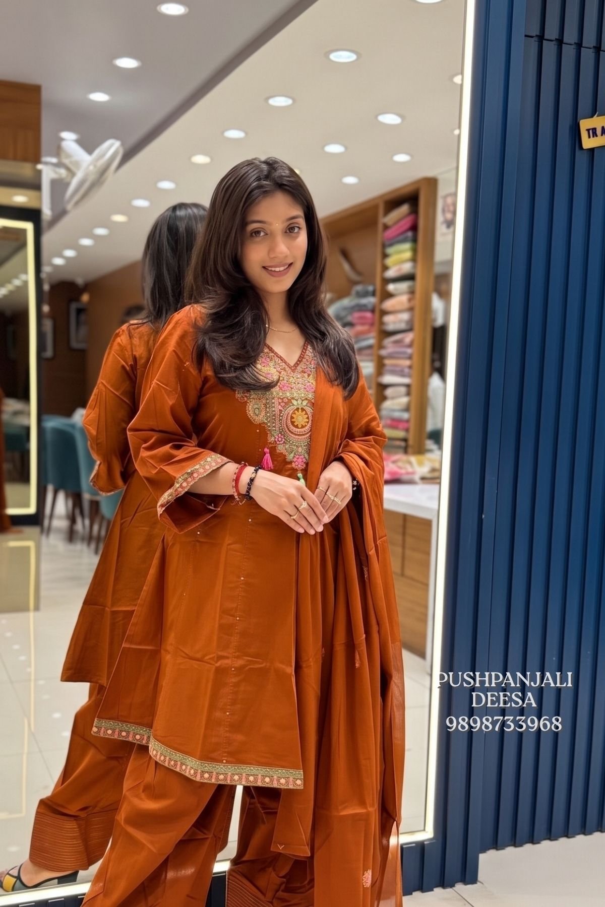 Rust Orange Embroidered Farshi Salwar Suit Set - Image 2