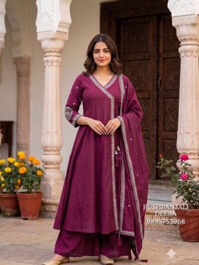 Magenta Mul Chanderi Embroidered Suit Set
