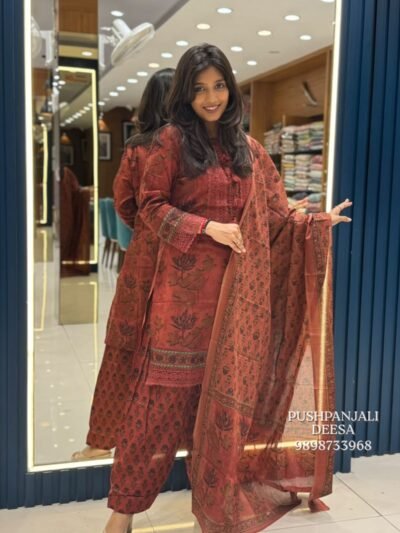 Rust Floral Printed Mul Cotton Salwar Suit Set