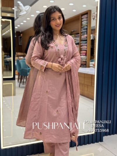 Dusty Pink Embroidered Kurta Pant Set with Dupatta | Elegant Ethnic Wear