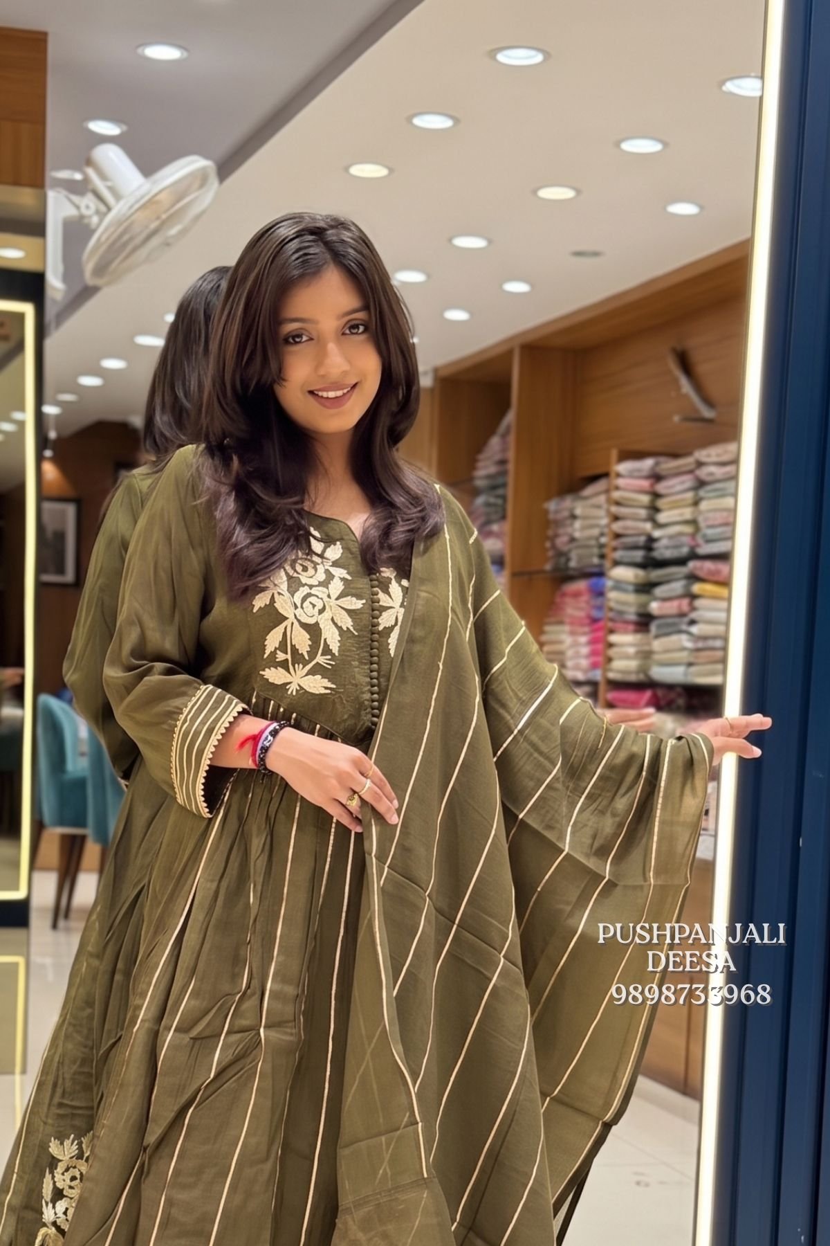 Olive Green Embroidered Mul Chanderi Kurta Pant Set with Striped Dupatta - Image 2