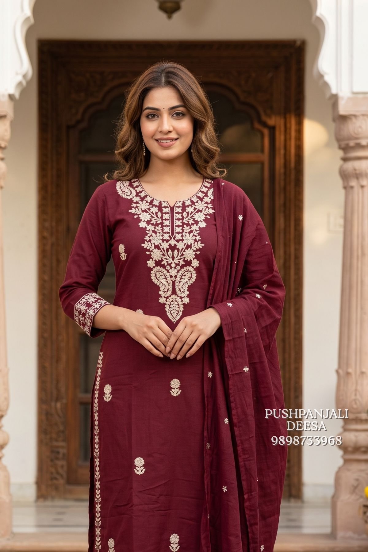 Maroon Embroidered Straight Kurta Pant Set with Dupatta - Image 2