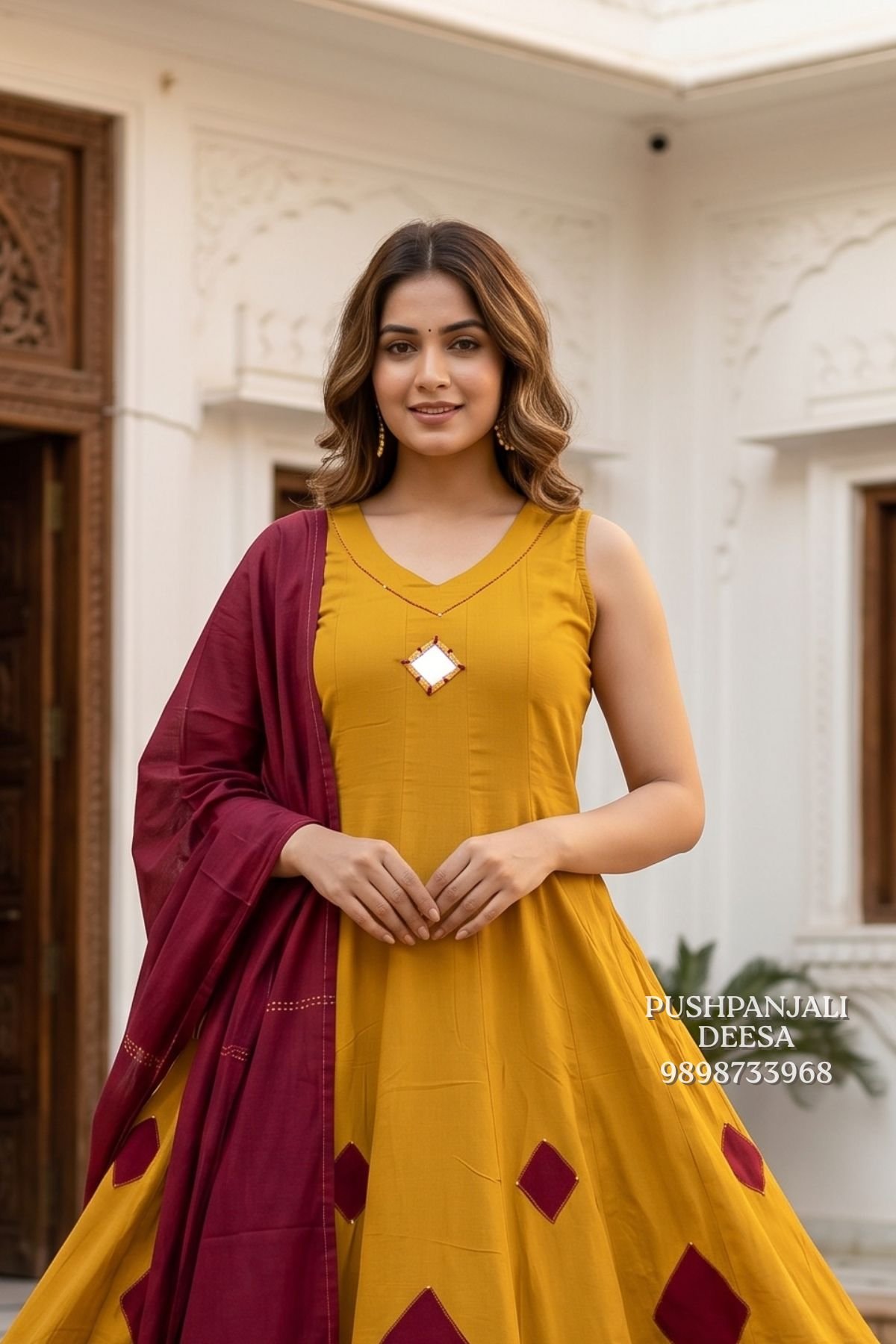 Mustard Yellow Cotton Anarkali Suit Set with Maroon Dupatta - Image 2