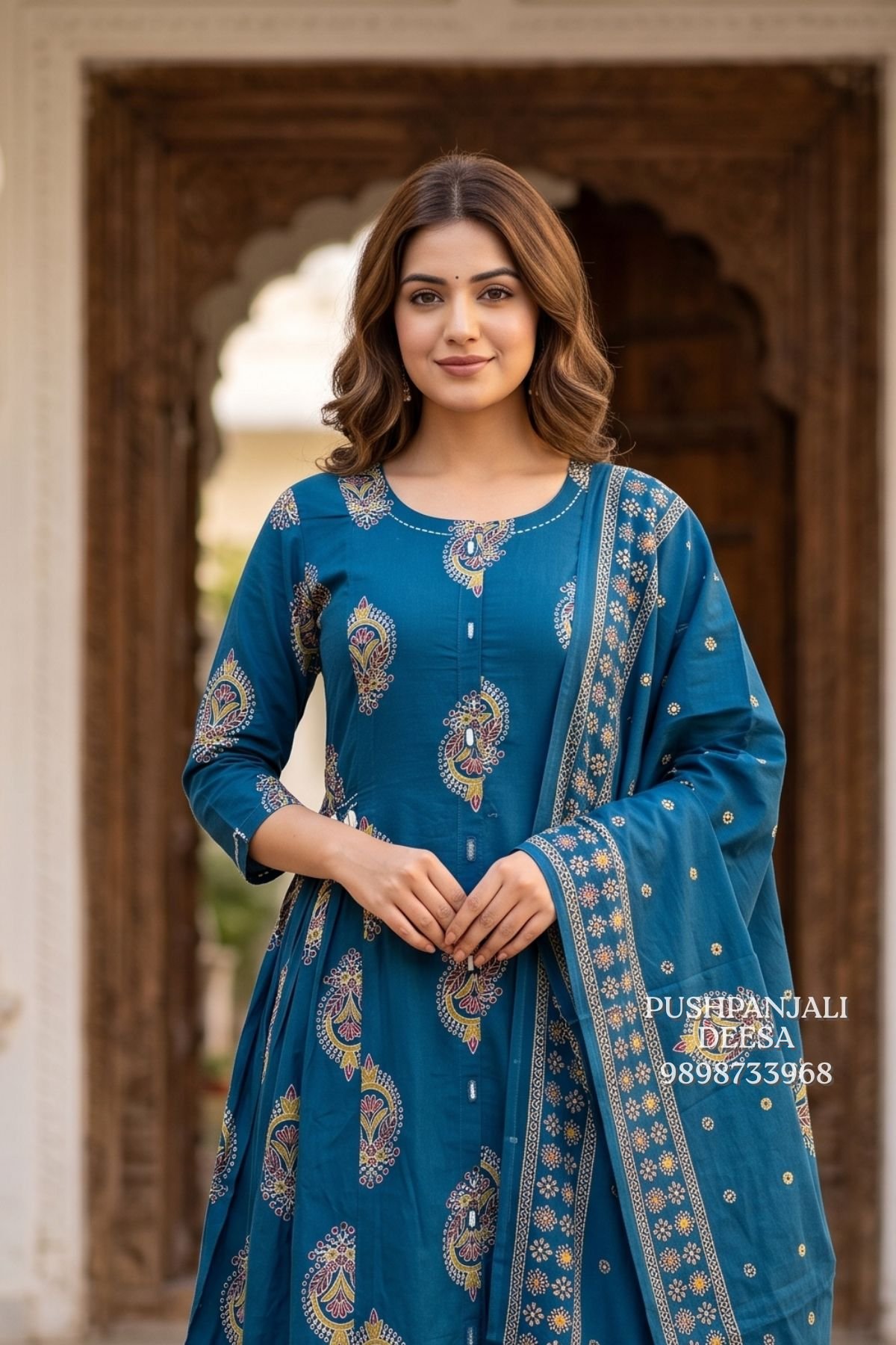 Teal Blue Printed Kurta Pant Set with Dupatta - Image 2