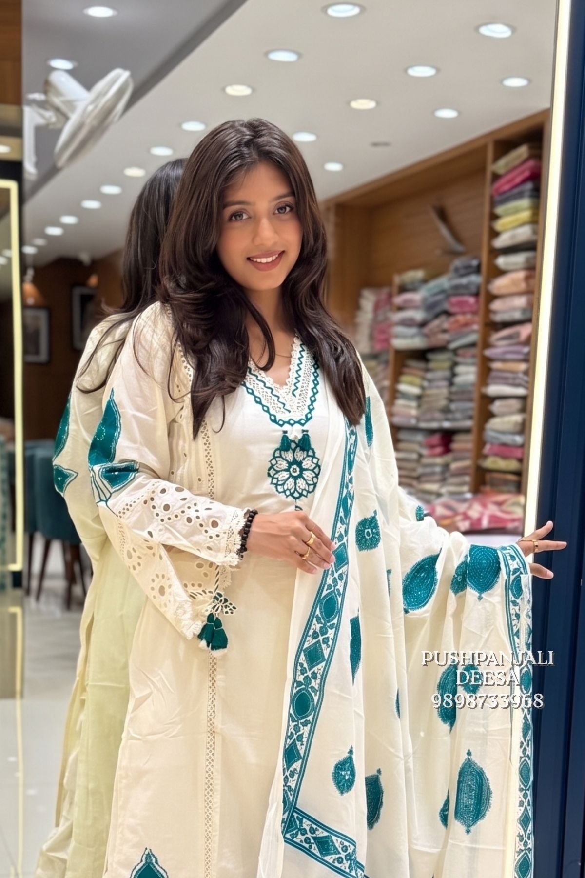 Cream & Teal Embroidered Kurta Pant Set with Dupatta - Image 2