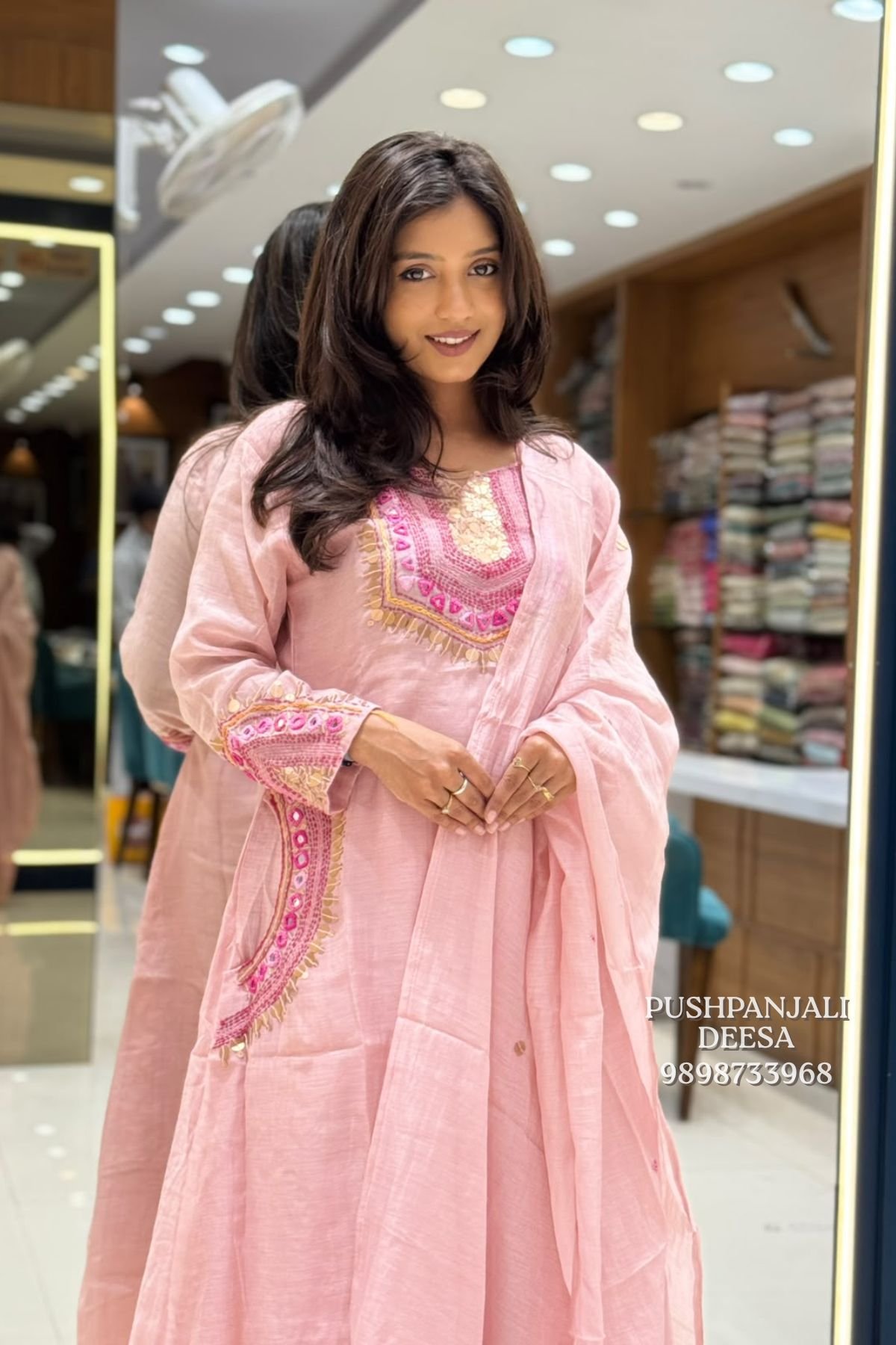 Pastel Pink Embroidered Mul Chanderi Kurta Pant Set with Dupatta - Image 2