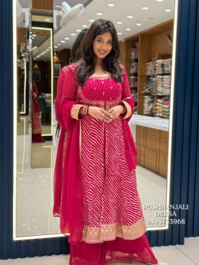 Magenta Bandhani Printed Embroidered Anarkali Suit Set
