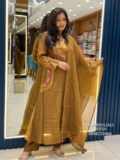 Mustard Brown Embroidered Kurta Pant Set with Dupatta