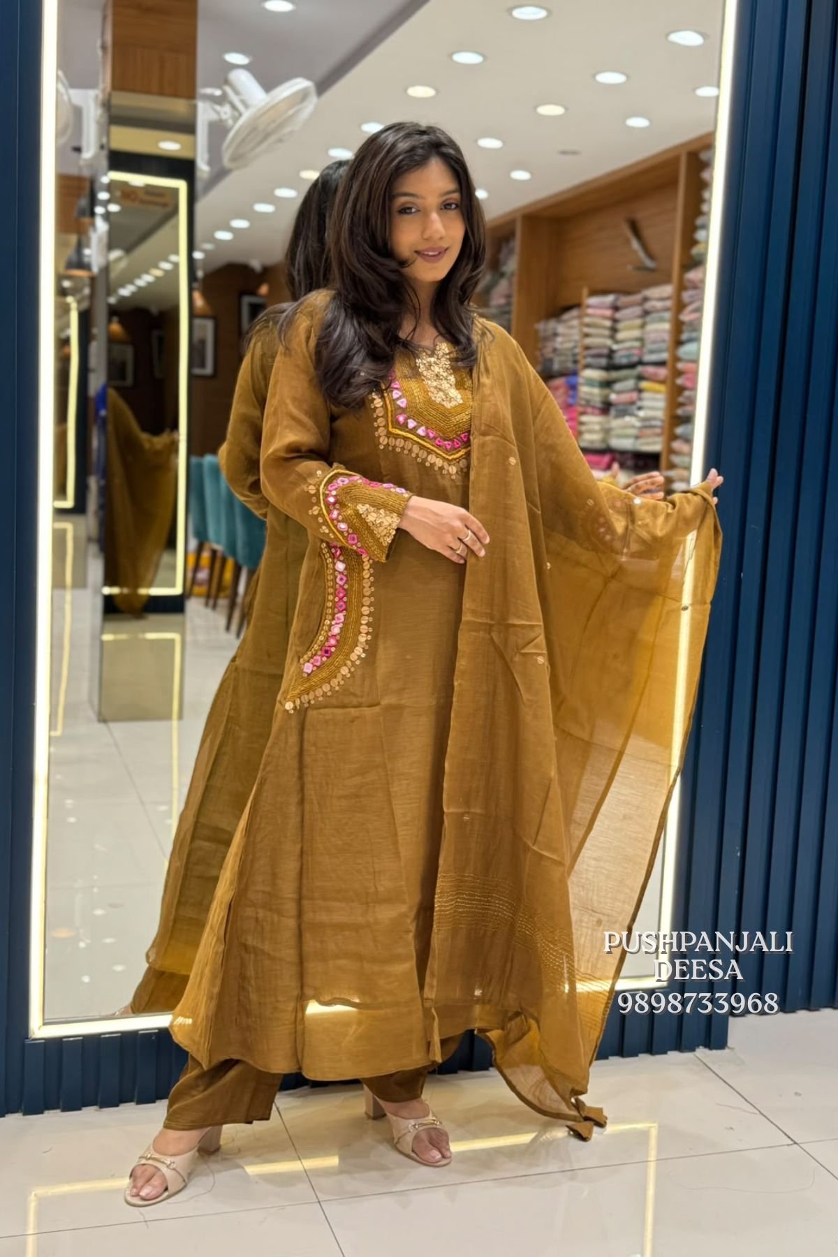 Mustard Brown Embroidered Kurta Pant Set with Dupatta
