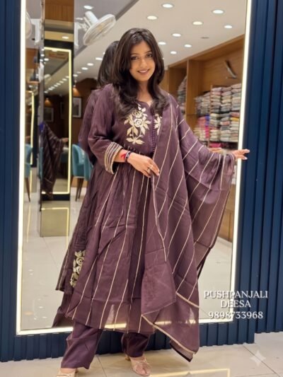 Plum Purple Embroidered Anarkali Kurta Pant Set with Dupatta