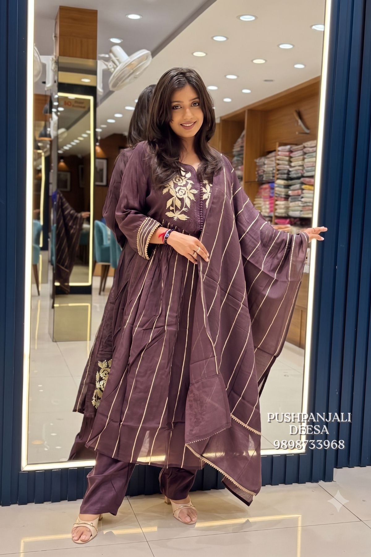 Plum Purple Embroidered Anarkali Kurta Pant Set with Dupatta
