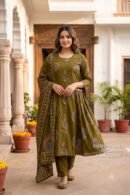 Olive Green Paisley Printed Kurta Pant Set with Dupatta