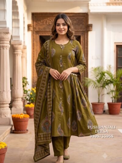 Olive Green Paisley Printed Kurta Pant Set with Dupatta