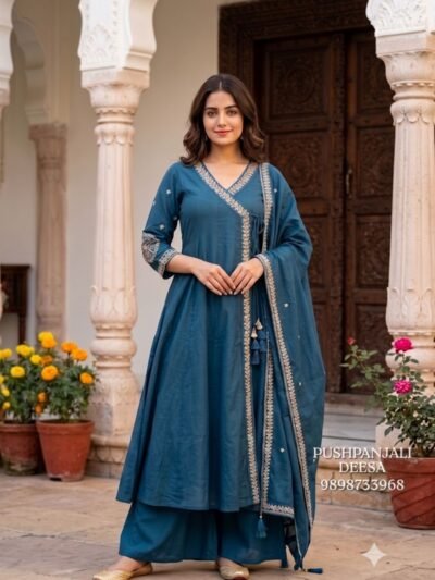 Designer Teal Blue Mul Chanderi Embroidered Suit Set
