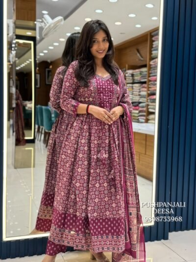Maroon Printed Cotton Anarkali Salwar Suit Set