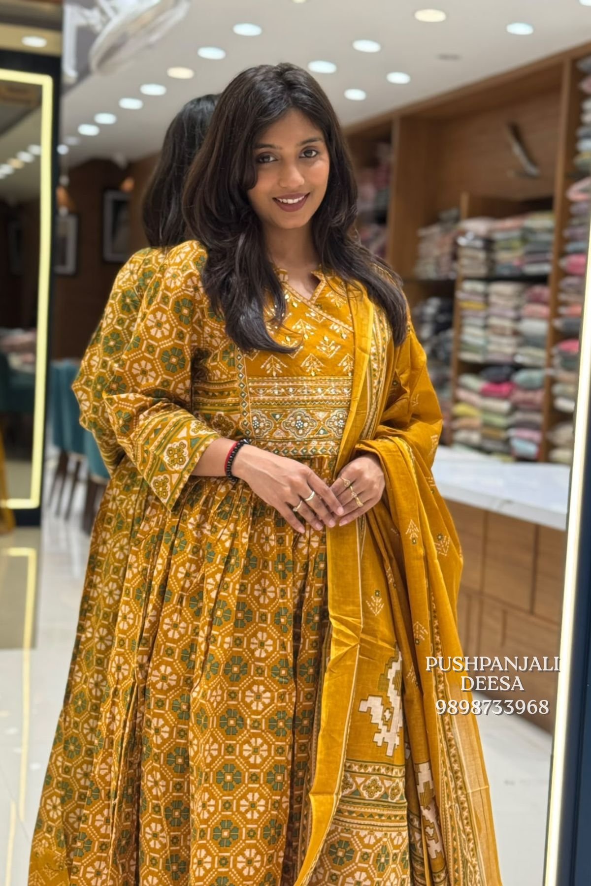 Mustard Yellow Printed Cotton Anarkali Suit Set - Image 2