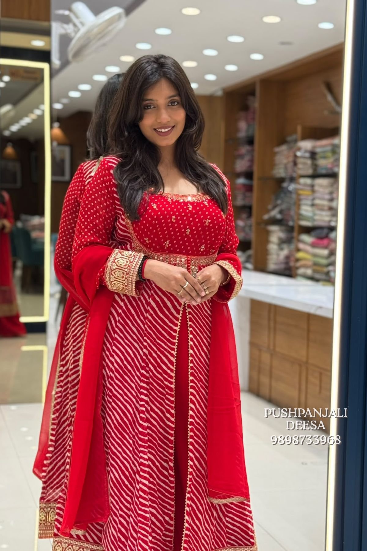 Red Bandhani Printed Embroidered Anarkali Palazzo Set - Image 2