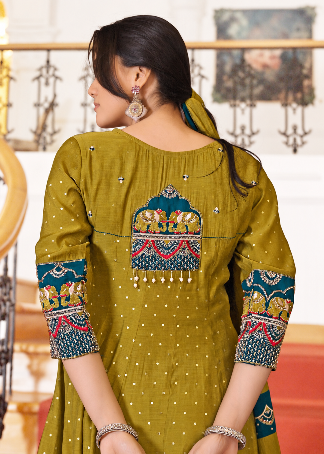 Olive Green Mul Chanderi Embroidered Anarkali Set - Image 2
