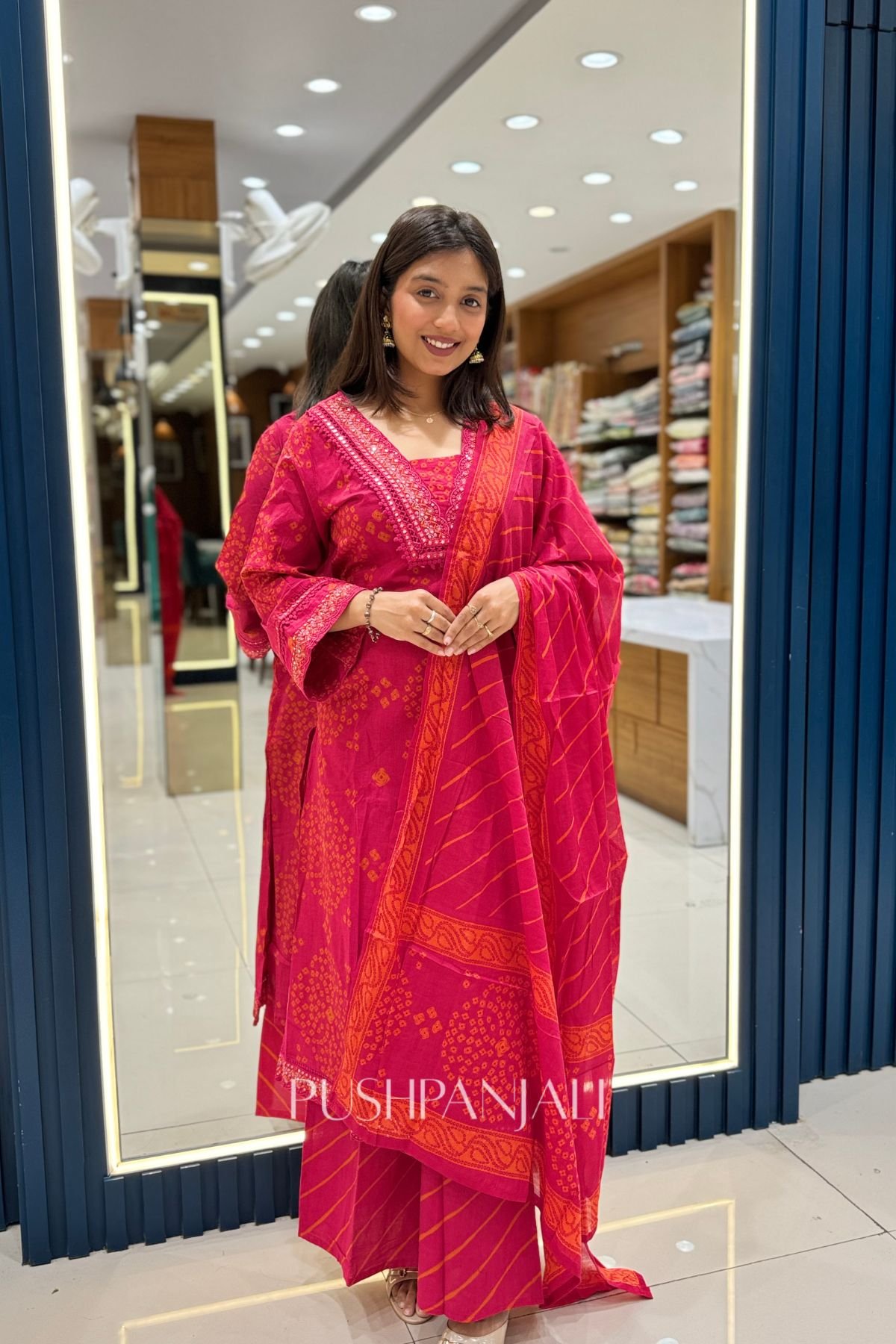 Rani Pink Printed Embroidered Cotton Suit Set