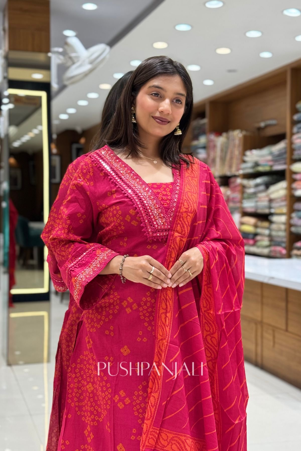 Rani Pink Printed Embroidered Cotton Suit Set - Image 2