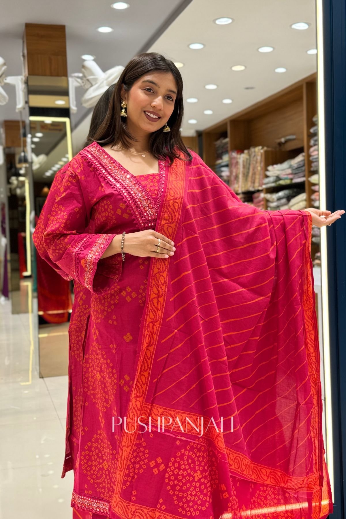 Rani Pink Printed Embroidered Cotton Suit Set - Image 3