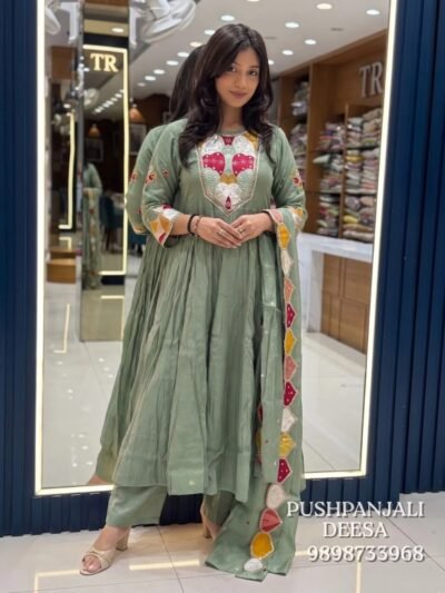 Mul Chanderi Sage Green Embroidered Anarkali Set