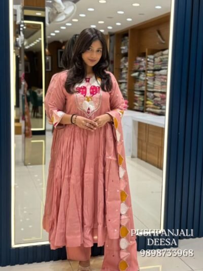 Mul Chanderi Peach Pink Embroidered Anarkali Set