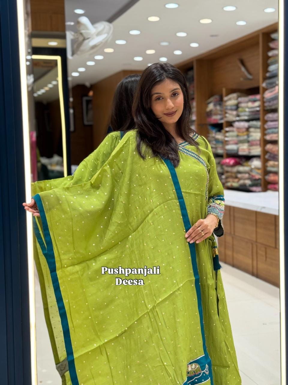 Lime Green Embroidered Mul Chanderi Anarkali Suit Set - Image 2