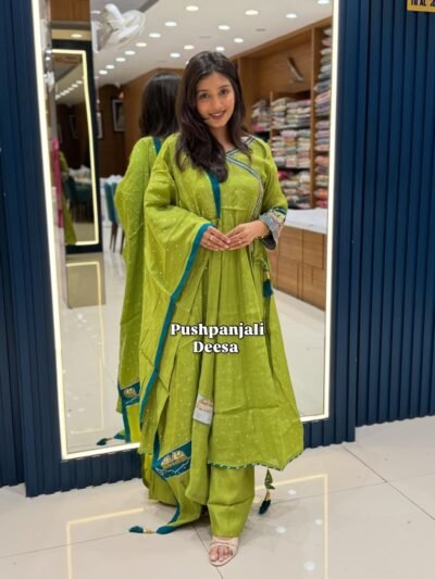 Lime Green Embroidered Mul Chanderi Anarkali Suit Set