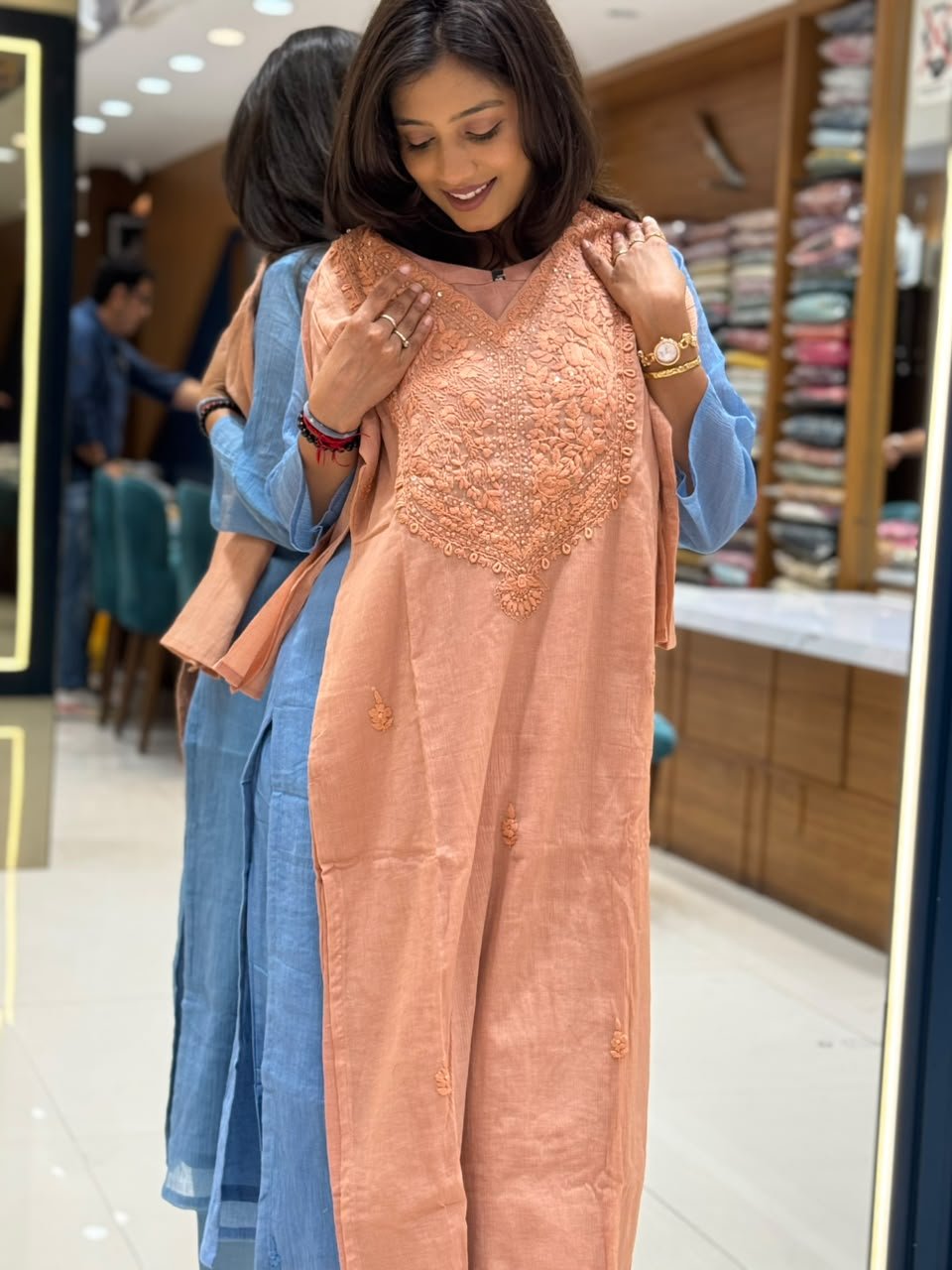 Peach Bhagalpuri Viscose Silk Embroidered Straight Kurta