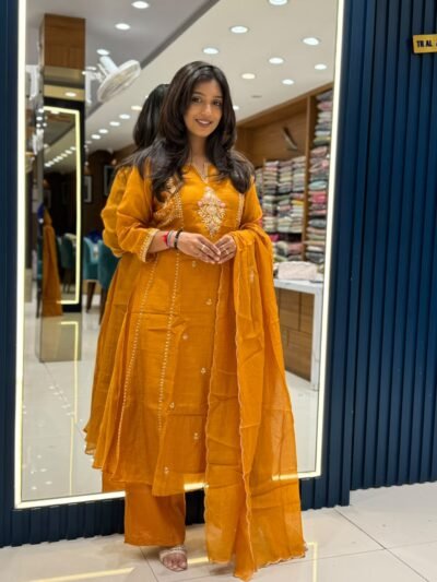 Mustard Yellow Embroidered Kurta Pant Set with Dupatta