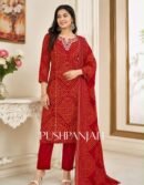 Designer Red Bandhani Printed Kurta Pant Dupatta Set