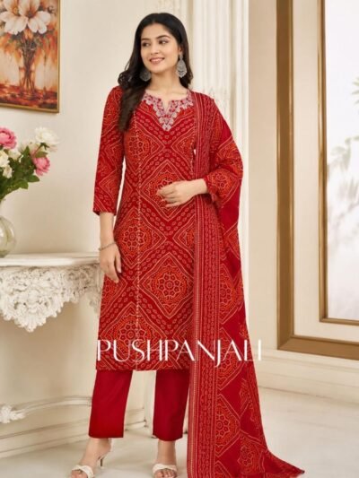 Designer Red Bandhani Printed Kurta Pant Dupatta Set