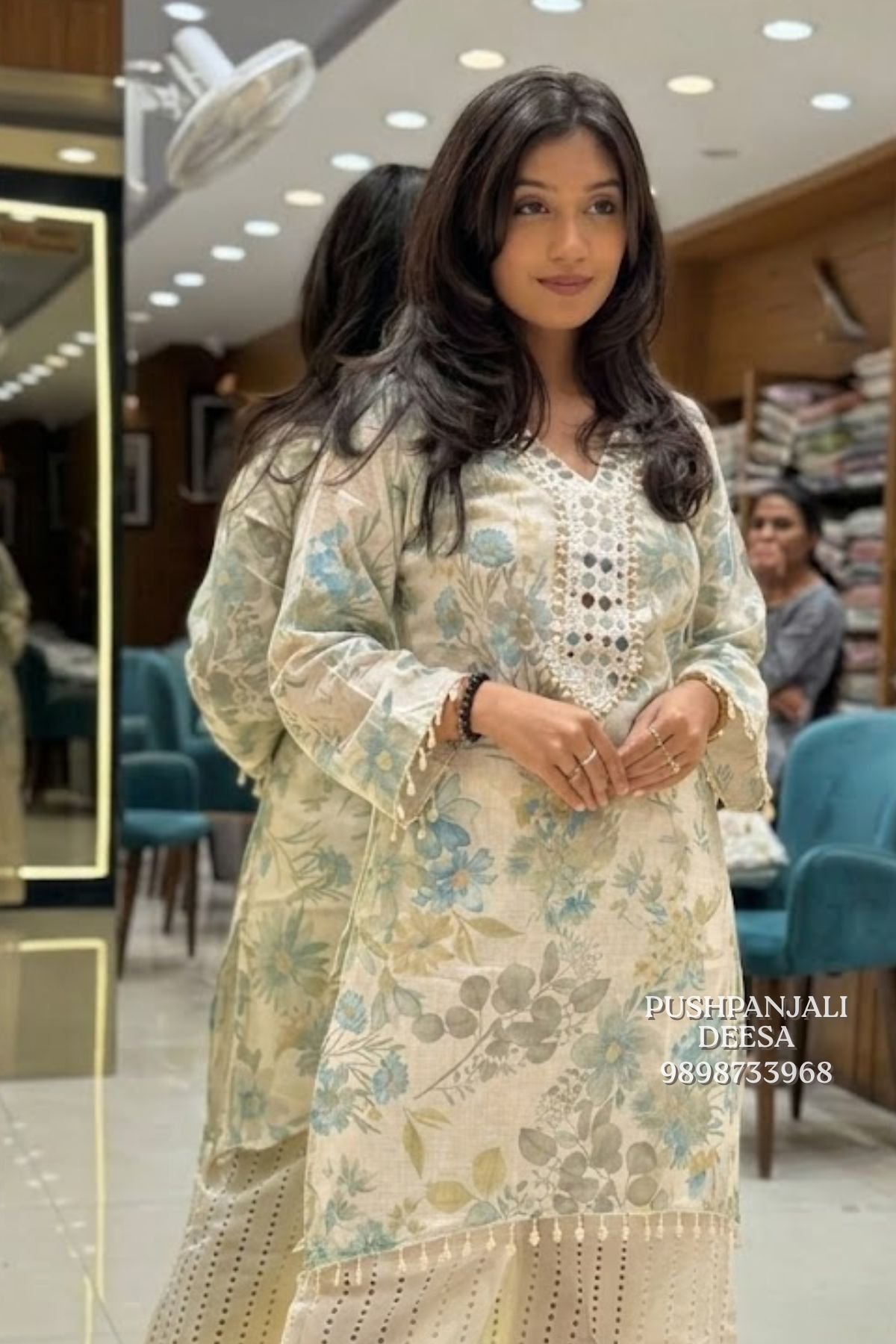 Cream Floral Printed Embroidered Kurta Palazzo Set - Image 2