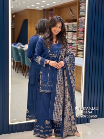 Navy Blue Printed Embroidered Pure Cotton Palazzo Suit Set