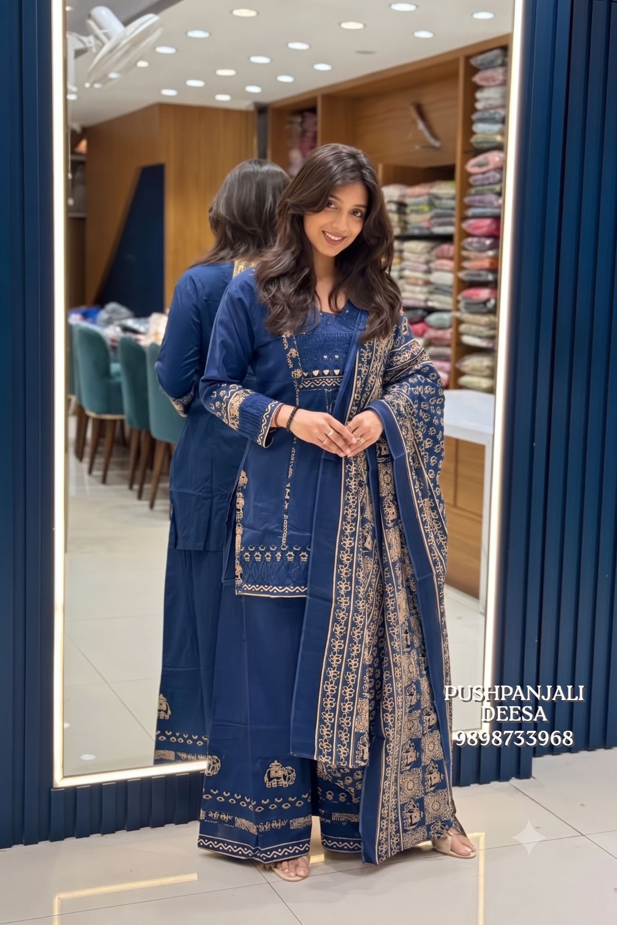 Navy Blue Printed Embroidered Pure Cotton Palazzo Suit Set