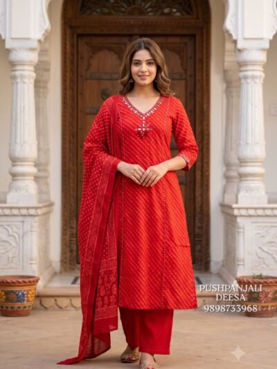 Red Printed Embroidered Straight Kurta Pant Set