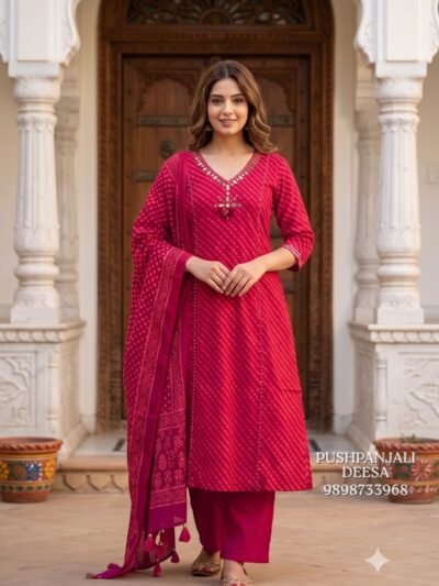 Rani Pink Printed Embroidered Straight Kurta Pant Set