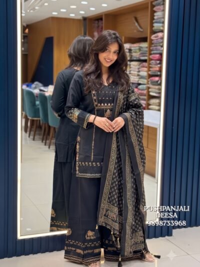 Black Printed Embroidered Pure Cotton Palazzo Suit Set
