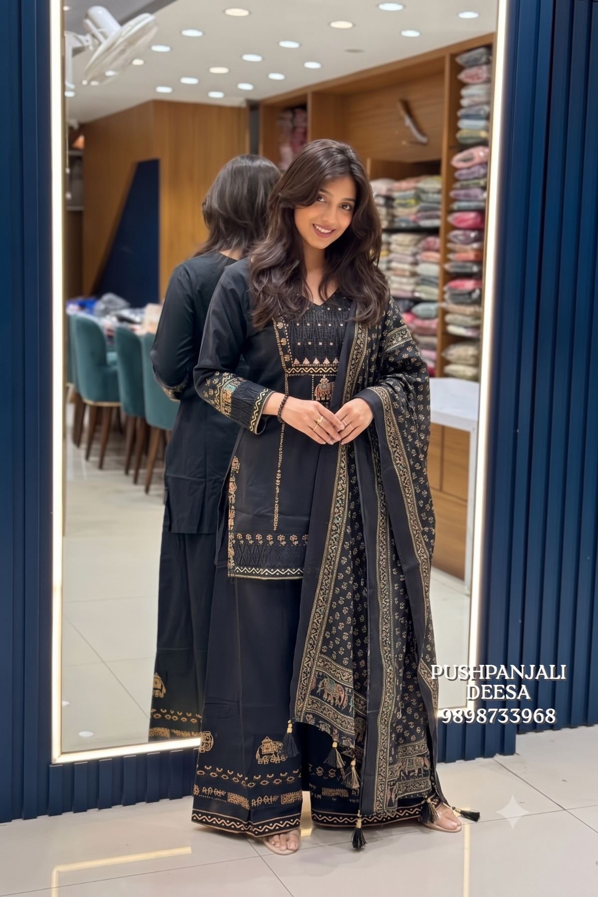 Black Printed Embroidered Pure Cotton Palazzo Suit Set
