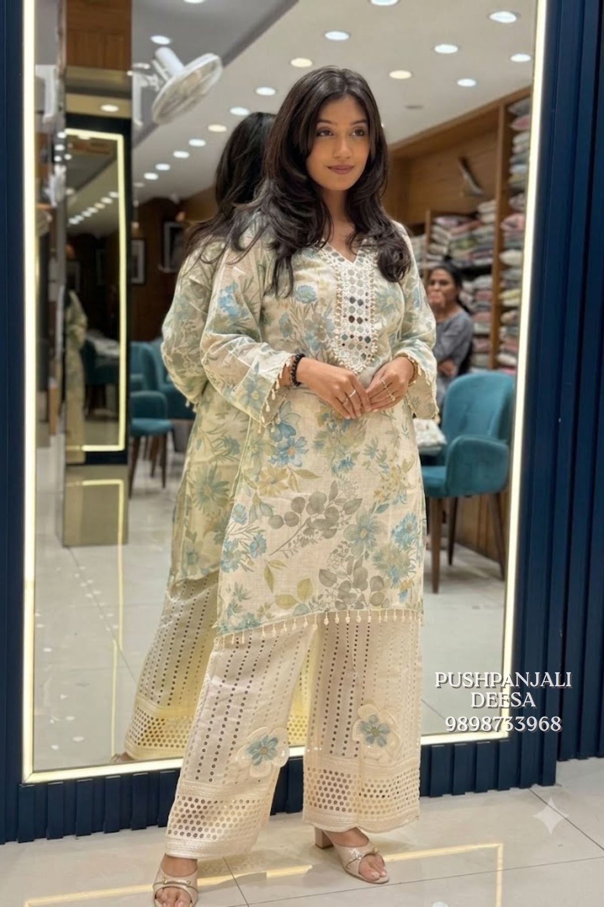 Cream Floral Printed Embroidered Kurta Palazzo Set