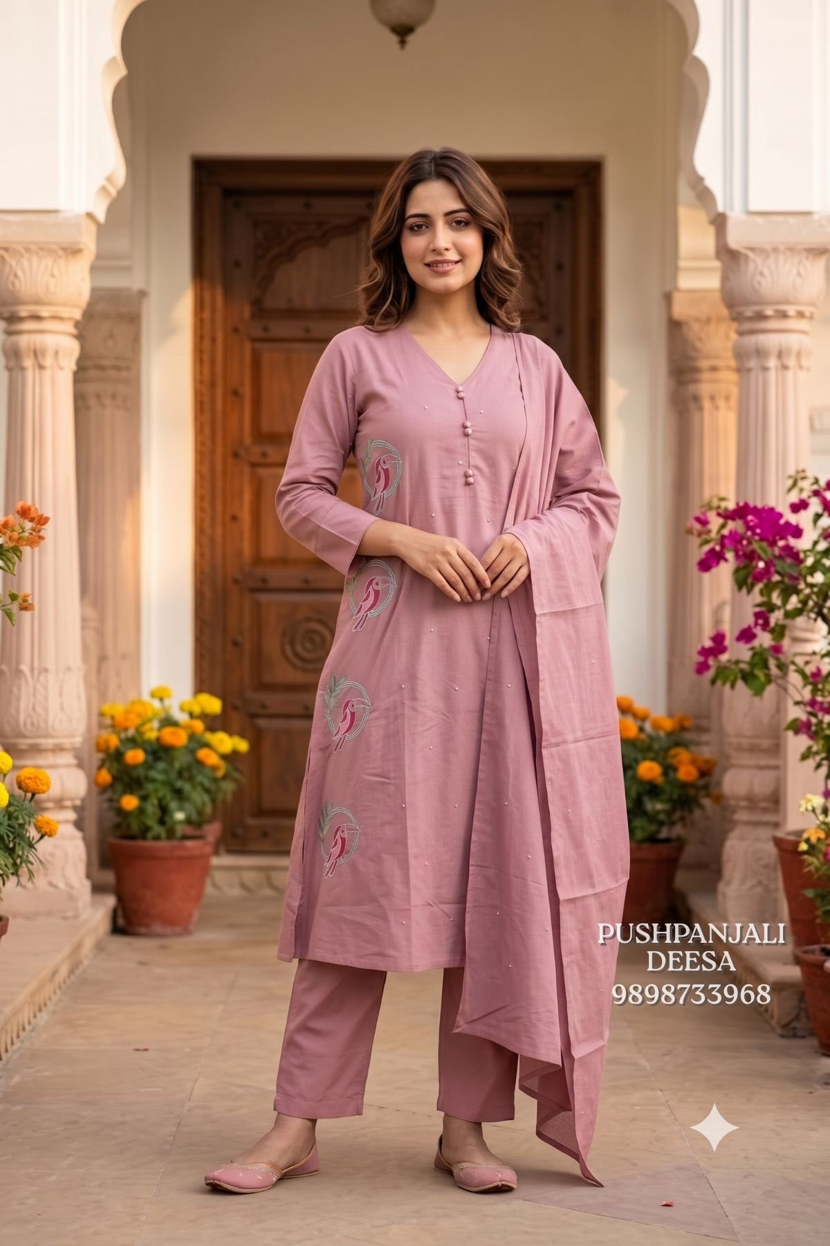 Cotton Dusty Pink Embroidered Kurta Set - Image 2