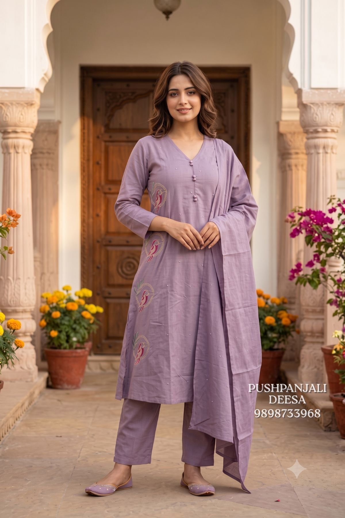 Cotton Lavender Embroidered Kurta Set - Image 2