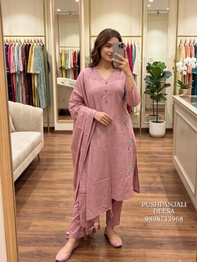 Cotton Dusty Pink Embroidered Kurta Set