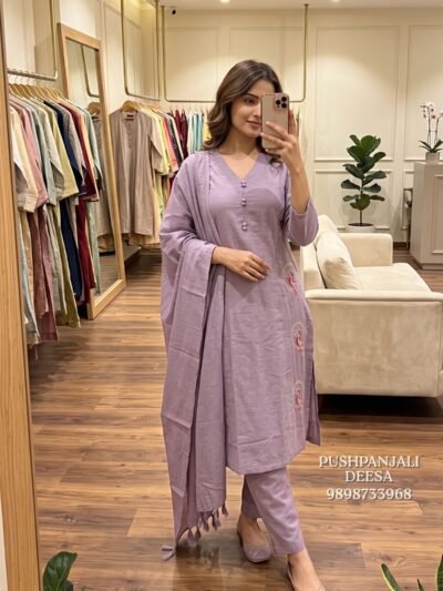 Cotton Lavender Embroidered Kurta Set